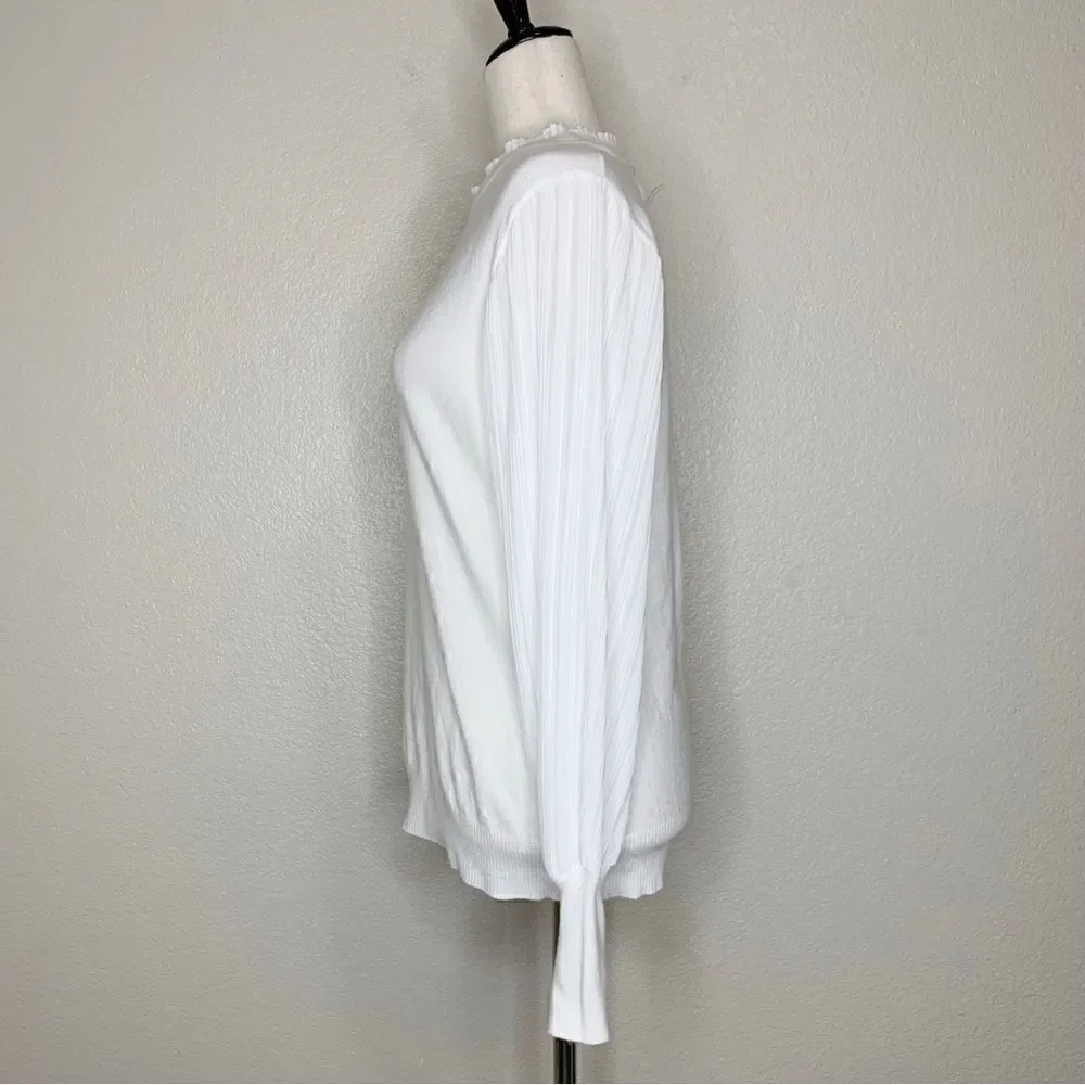 Sioni White Ruffle Neck Pleated Long Sleeves Top